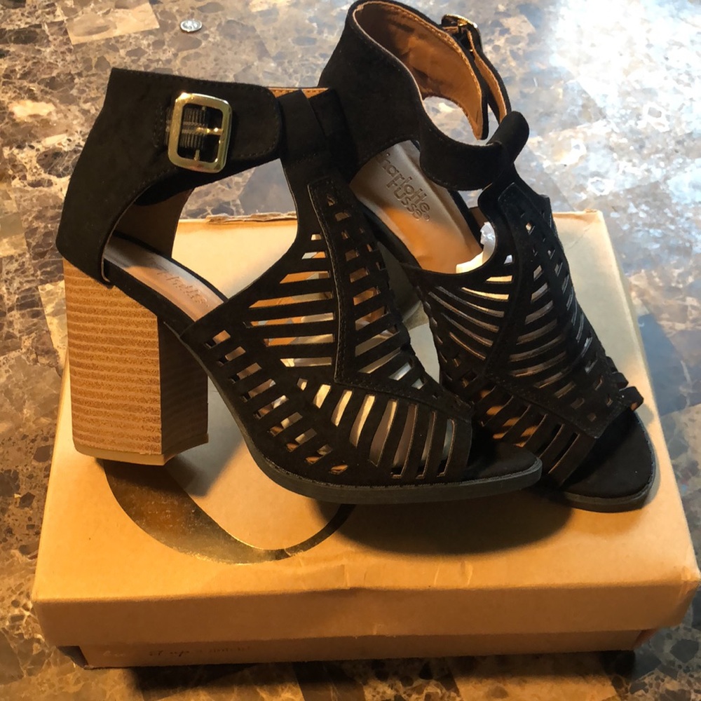 Black sued block heels sandals size 6. New with box